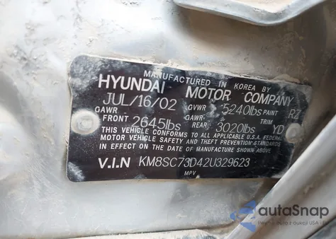 2002 Hyundai Santa Fe Gls/Lx z USA, uszkodzony, nr VIN KM8SC73D42U329623